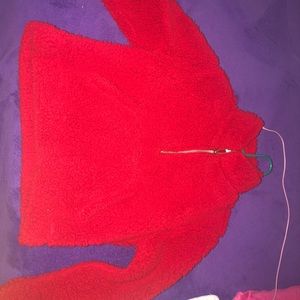 red fluffy garage sweater